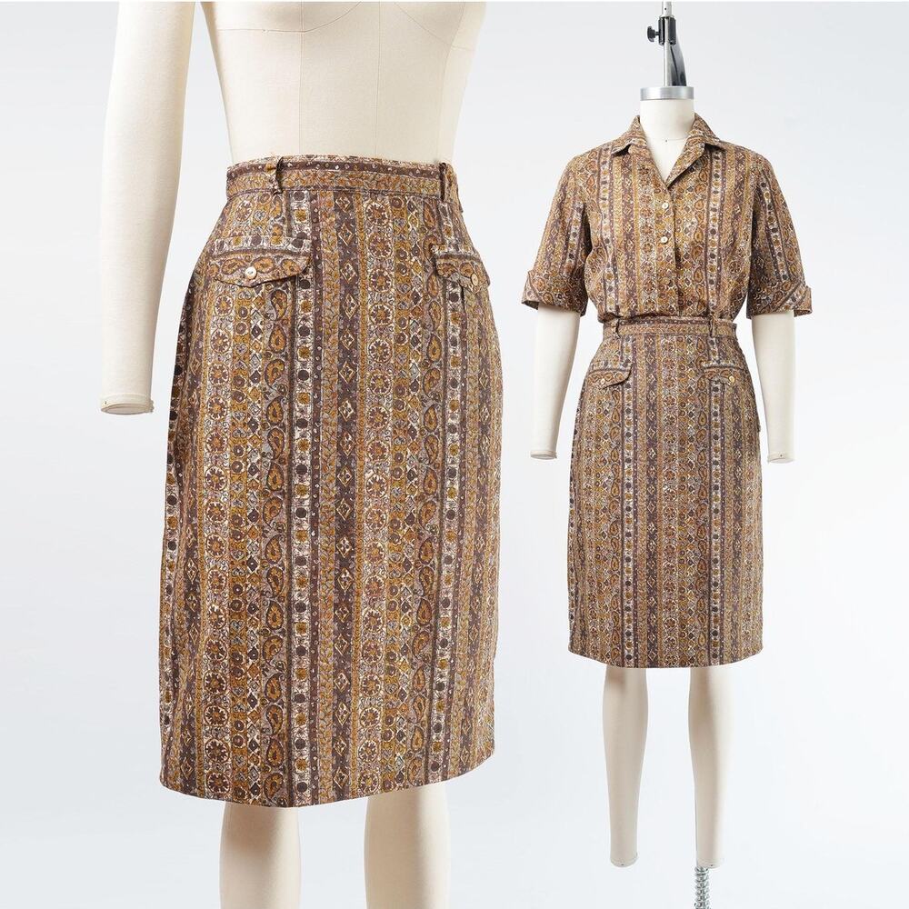 Vintage 50s Shirt and Skirt Set Brown Batik Cotton Blouse Pencil Skirt XS